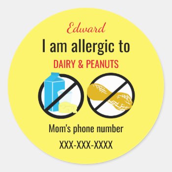 Allergic To Peanuts And Dairy Kids Personalized Classic Round Sticker by LilAllergyAdvocates at Zazzle