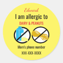 Allergic to Peanuts and Dairy Kids Personalized Classic Round Sticker