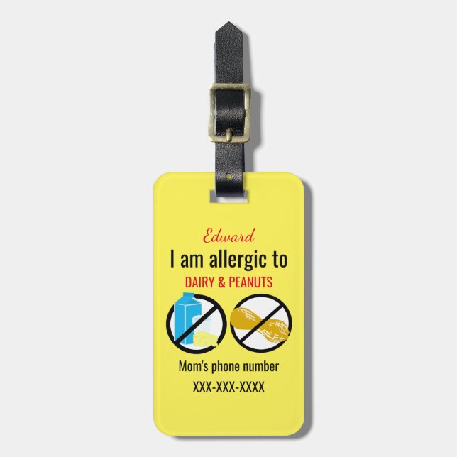 Allergic to Peanuts and Dairy Kids Personalized Luggage Tag (Front Vertical)
