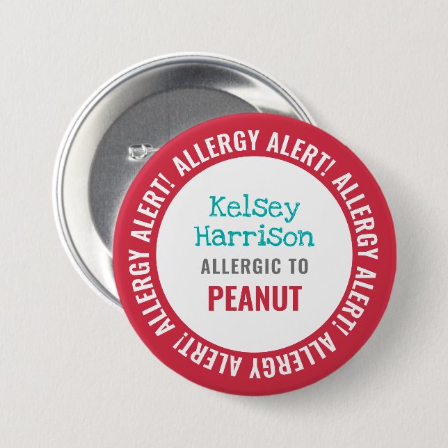 Allergy Alert Customized Kids School Button (Front & Back)