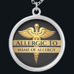 Allergy alert jewelry custom DIY allergic to gold<br><div class="desc">A faux gold 3D caduceus graphic rests against a black background that has bold black editable templates resting against golden horizontal bands. This necklace is ideal in a medical emergency when you are unable to speak for yourself and will guide a healthcare worker on how to treat you when you...</div>