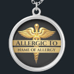 Allergy alert jewelry custom DIY allergic to gold<br><div class="desc">A faux gold 3D caduceus graphic rests against a black background that has bold black editable templates resting against golden horizontal bands. This necklace is ideal in a medical emergency when you are unable to speak for yourself and will guide a healthcare worker on how to treat you when you...</div>