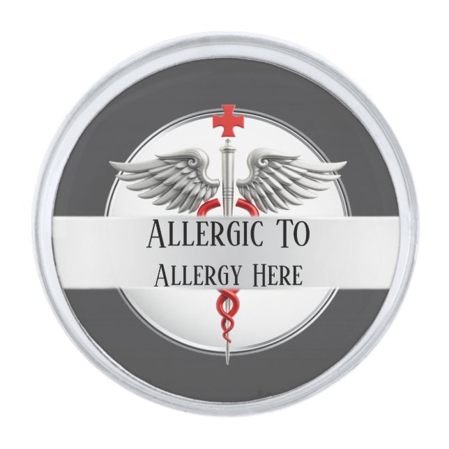 Allergy alert jewelry editable allergic to red silver finish lapel pin (Front)