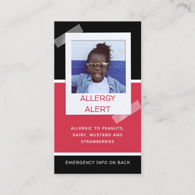 Allergy Alert Kids Photo Medical Emergency Daycare Calling Card (Front)