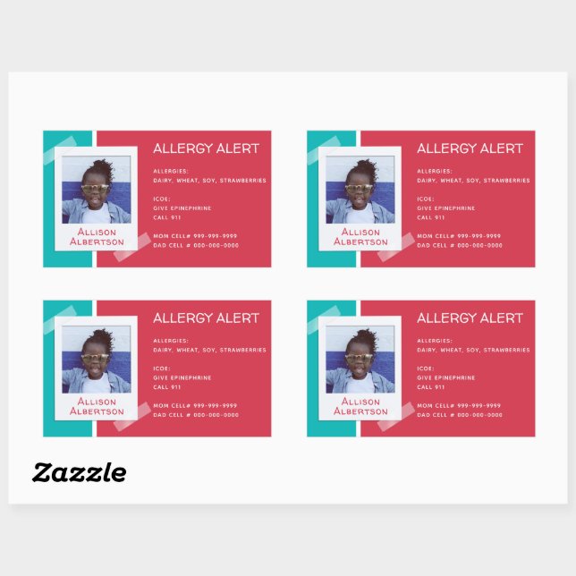 Allergy Alert Kids Photo Medical Emergency Daycare Rectangular Sticker (Sheet)