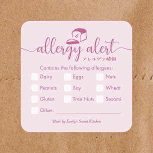 Allergy Alert Minimalist Pink Bakery Bread Square Sticker