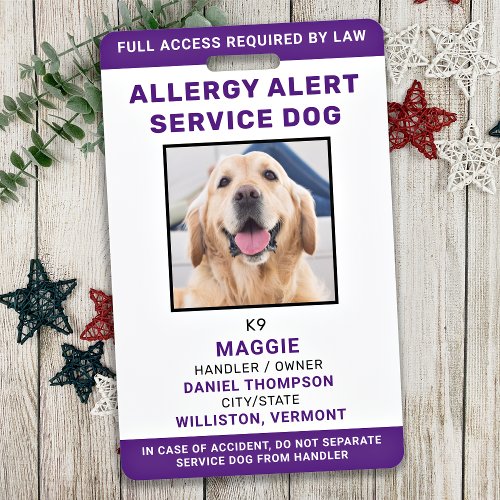 Allergy Alert Service Dog ID Personalized Photo Badge