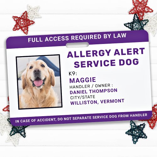 Allergy Alert Service Dog Personalized Photo ID Badge