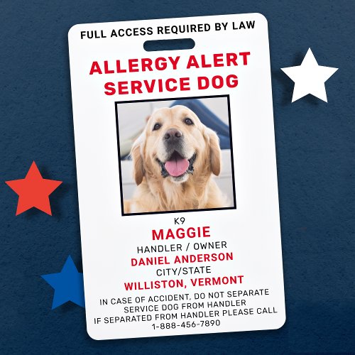 Allergy Alert Service Dog Photo ID Badge