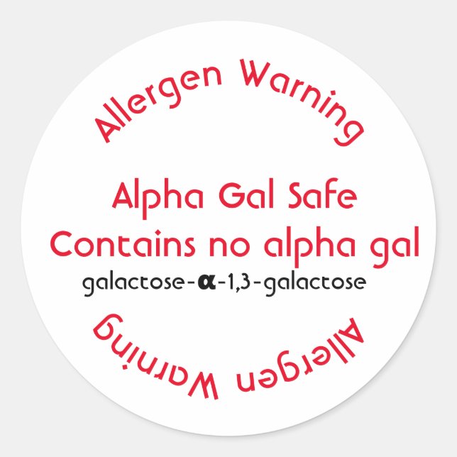 Allergy allergen labeling, alpha gal food allergy classic round sticker (Front)