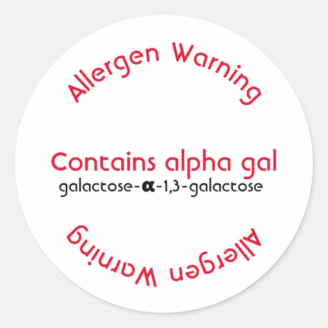 Allergy allergen labeling, alpha gal food allergy classic round sticker (Front)