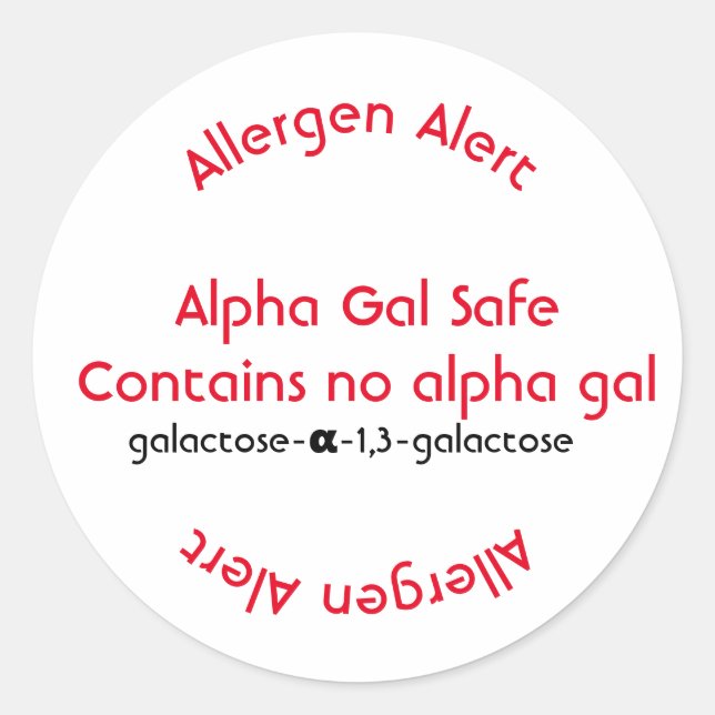Allergy allergen labeling, alpha gal food allergy classic round sticker (Front)