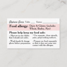 Allergy Dining Card, Celiac Friendly Restaurant