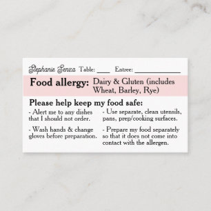 Allergy Dining Card, Celiac Friendly Restaurant Calling Card