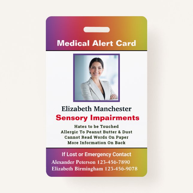 Allergy Disability Alert Contact ID Photo Custom  Badge (Front)