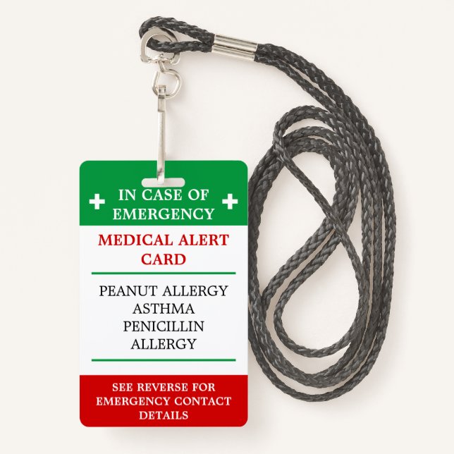 ALLERGY In Case of Emergency (I.C.E.) Card allergy Badge (Front with Lanyard)