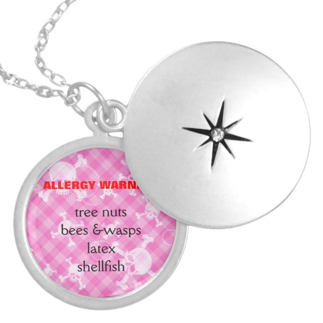 Allergy Warning Pink Skulls Goth Necklace (Front)