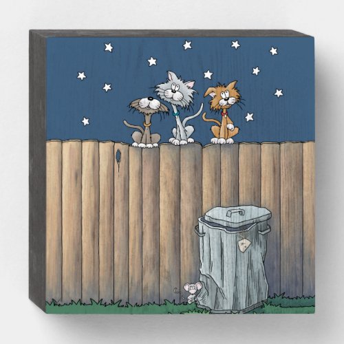Alley Cats on a fence    Wooden Box Sign