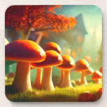 Alley of cute mushrooms colorful magical scenery beverage coaster