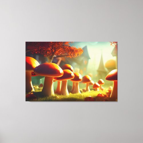 Alley of cute mushrooms colorful magical scenery canvas print