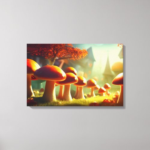 Alley of cute mushrooms colorful magical scenery canvas print