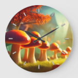 Alley of cute mushrooms colorful magical scenery large clock