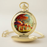 Alley of cute mushrooms colorful magical scenery pocket watch
