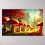 Alley of cute mushrooms colorful magical scenery poster