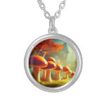 Alley of cute mushrooms colorful magical scenery silver plated necklace
