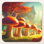 Alley of cute mushrooms colorful magical scenery square paper coaster