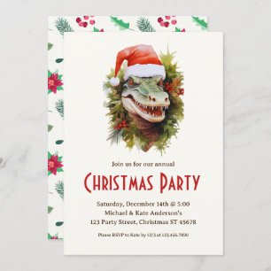 Alligator a Santa Hat Poinsettias Christmas Party Invitation