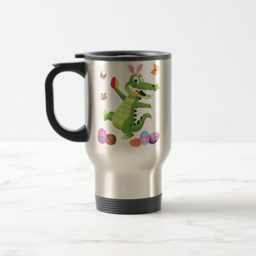 alligator and bunny rabbit hat easter eggs happy  travel mug