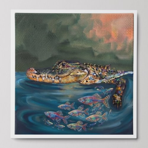 Alligator and Colorful Fish Split View Watercolor  Peel And Stick Photo Tile