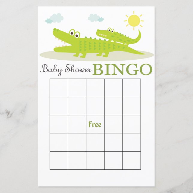 Alligator baby shower bingo card (Front)