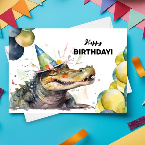 Alligator Balloons and Party Hat Gator Birthday Card