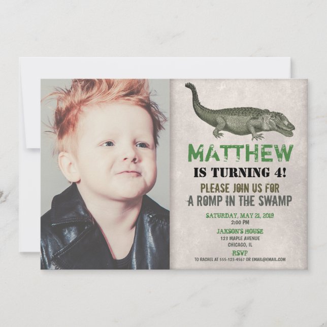 Alligator birthday invitation, crocodile photo invitation (Front)
