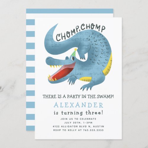Alligator Birthday Party Blue Invitation