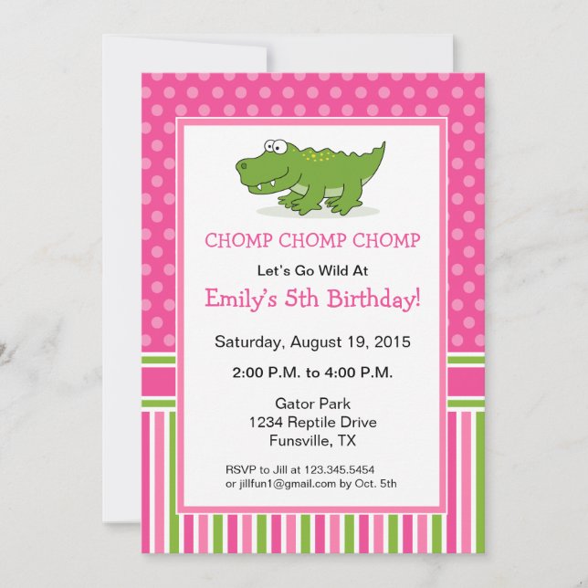 Alligator Birthday Party Invitation Pink (Front)