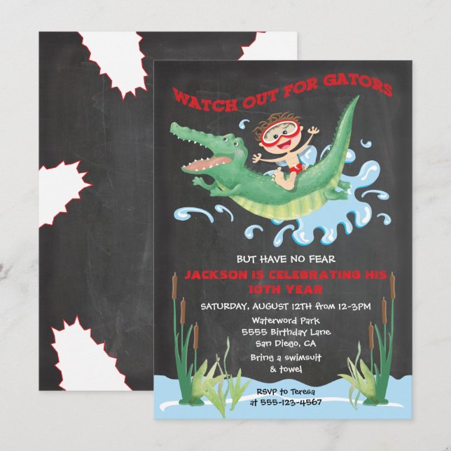 Alligator Birthday swimming Party Invitations (Front/Back)