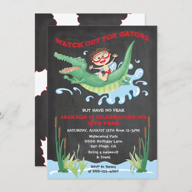 Alligator Birthday swimming Party Invitations (Front/Back)