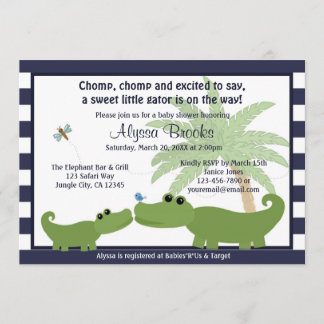Alligator Blue striped baby shower invitation AMP