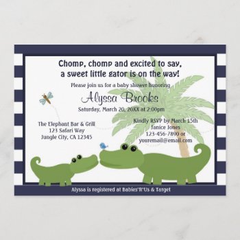 Alligator Blue Striped Baby Shower Invitation Amp by MonkeyHutDesigns at Zazzle