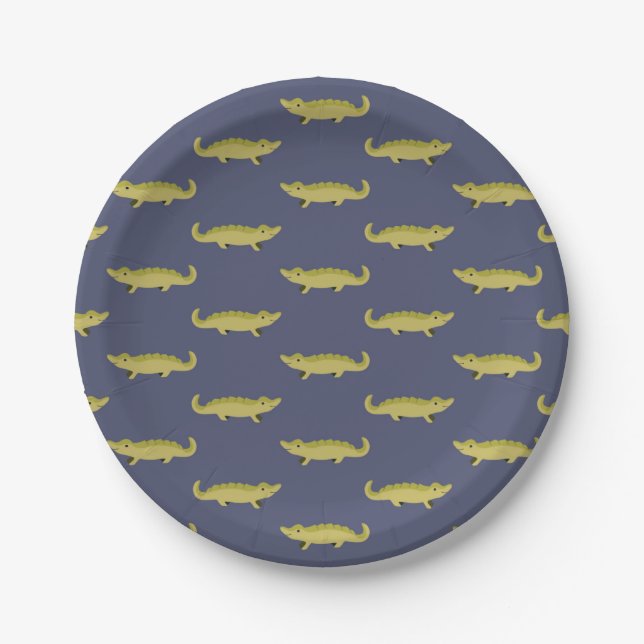 alligator cartoon printed blue paper plates (Front)