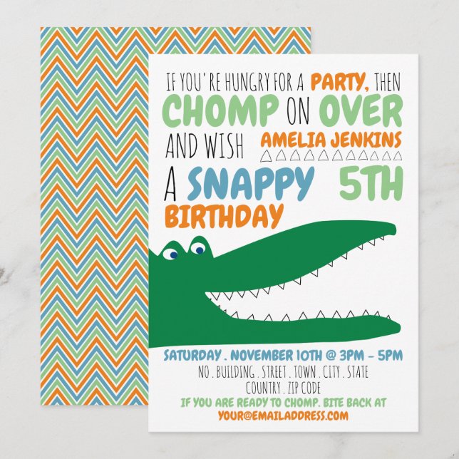 Alligator Chomp, Chevron Birthday Party Invitation (Front/Back)