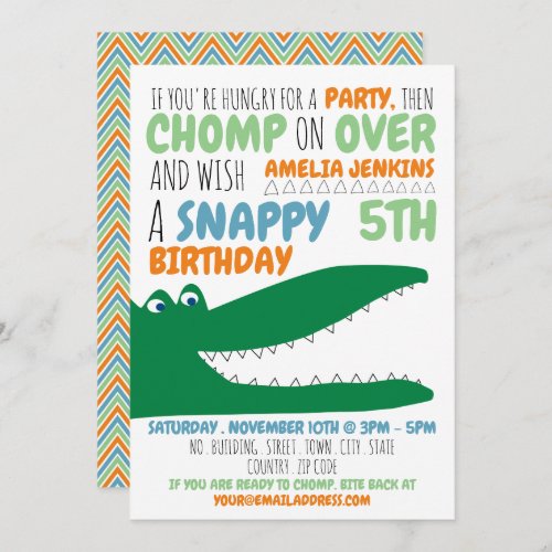 Alligator Chomp Chevron Birthday Party Invitation