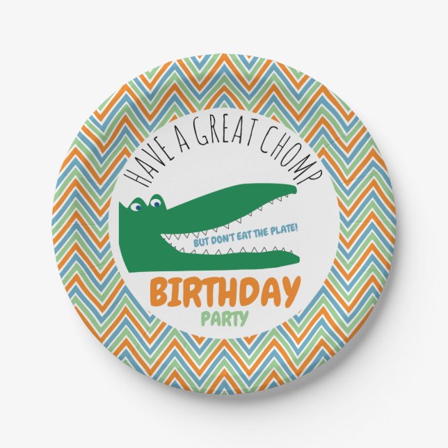 Alligator Chomp, Chevron Birthday Party Paper Plates (Front)