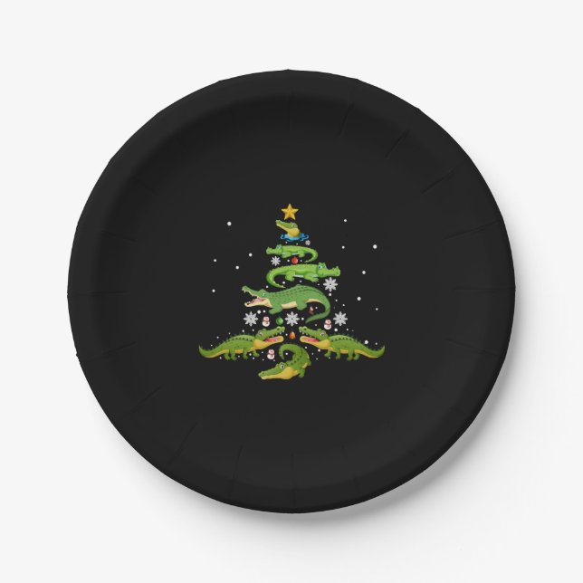 Alligator Christmas Tree Cute Xmas Lover Lights Paper Plates (Front)