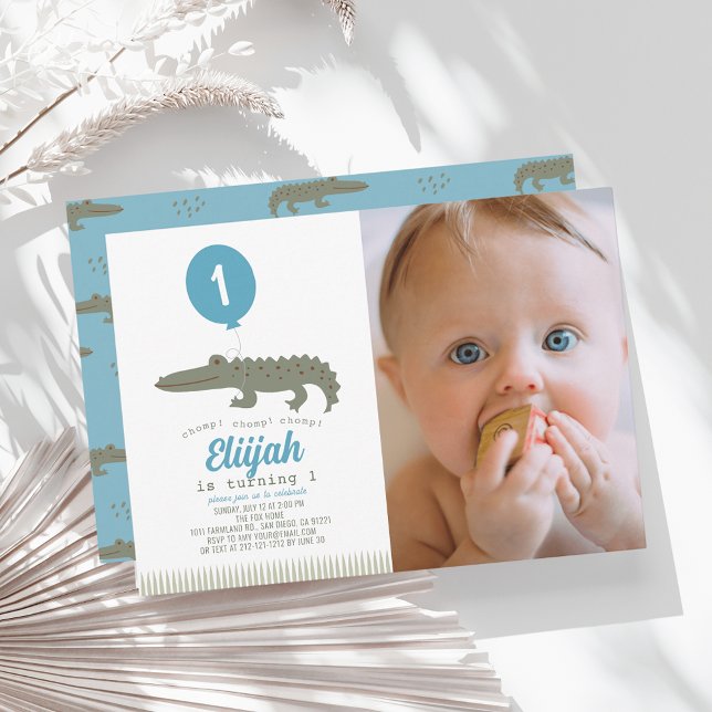 Alligator Crocodile Balloon Boy 1st Birthday Photo Invitation (Creator Uploaded)