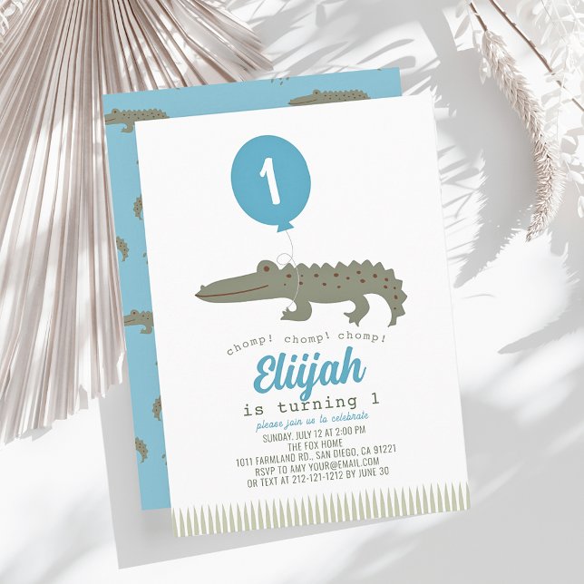Alligator Crocodile Balloon Boy Kid's 1st Birthday Invitation (Creator Uploaded)