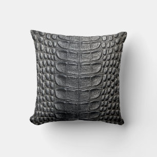 Alligator Crocodile Skin Faux Black Leather Throw Pillow